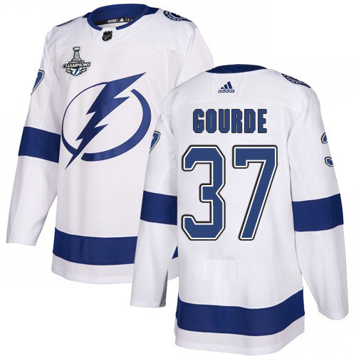 Adidas Tampa Bay Lightning 37 Yanni Gourde White Road Authentic Youth 2020 Stanley Cup Champions Stitched NHL Jersey